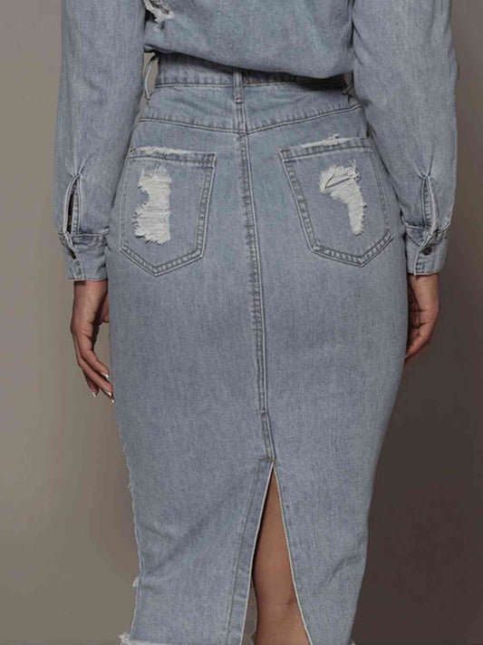 Distressed Slit Denim Skirt Shop One Place