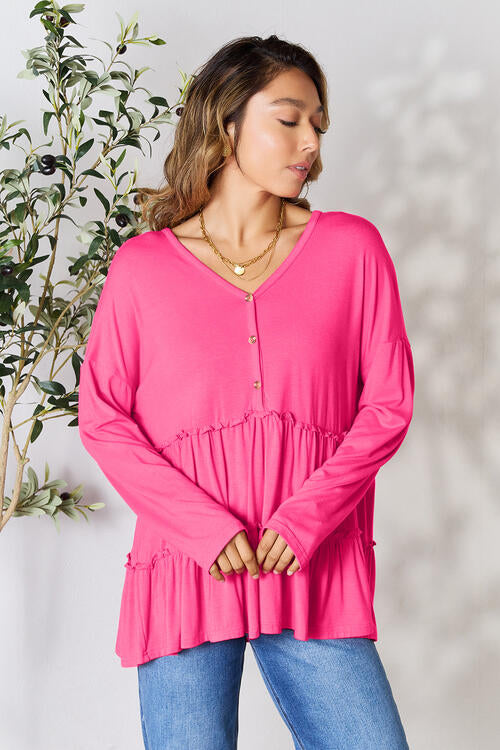 Double Take Half Button Long Sleeve Ruffle Hem Blouse Shop One Place
