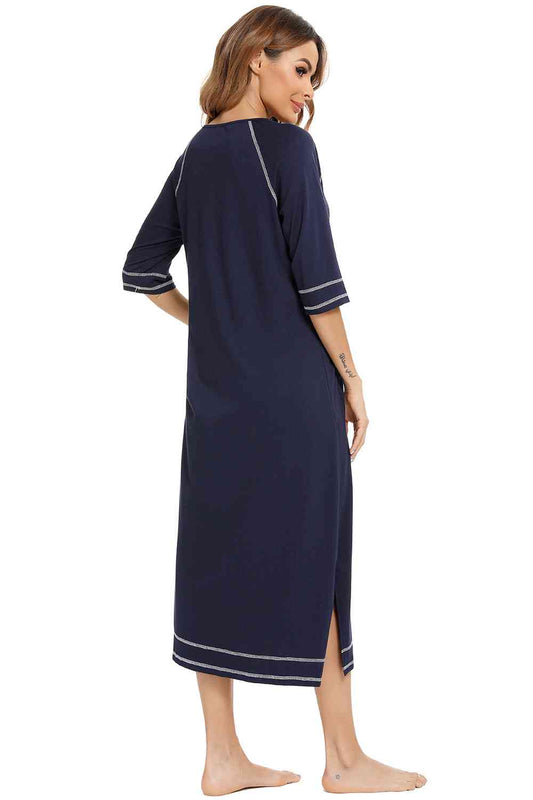 Zip Up Slit Round Neck Night Dress with Pockets Shop One Place