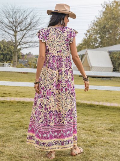 Ruffled Printed Tie Neck Cap Sleeve Dress Shop One Place