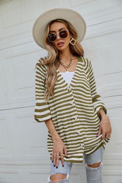 Striped Button Up Long Sleeve Cardigan Shop One Place