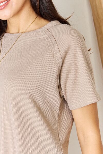 Zenana Baby Waffle Short Sleeve Slit High-Low T-Shirt Shop One Place