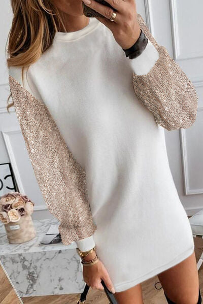 Sequin Long Sleeve Round Neck Mini Dress Shop One Place