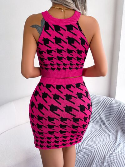 Houndstooth Sleeveless Top and Skirt Sweater Set Shop One Place