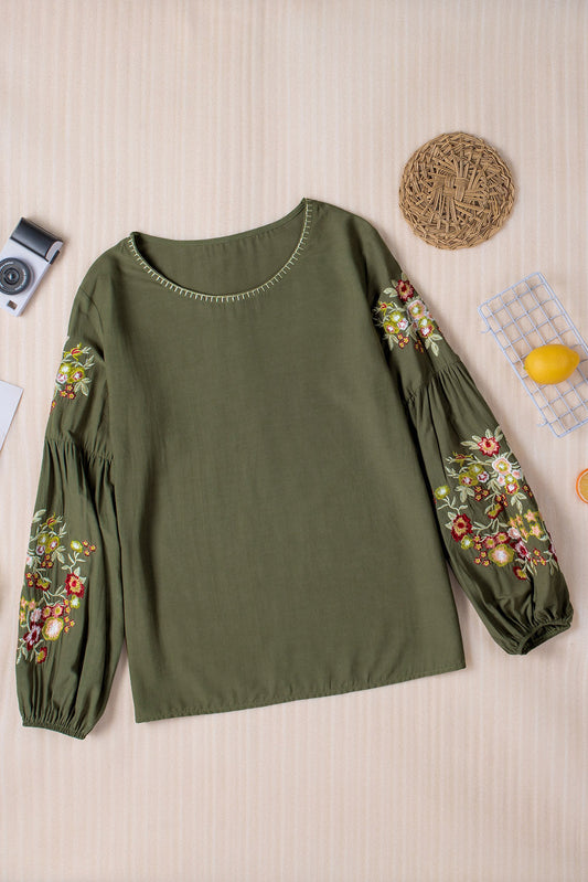 Embroidered Round Neck Balloon Sleeve T-Shirt Shop One Place