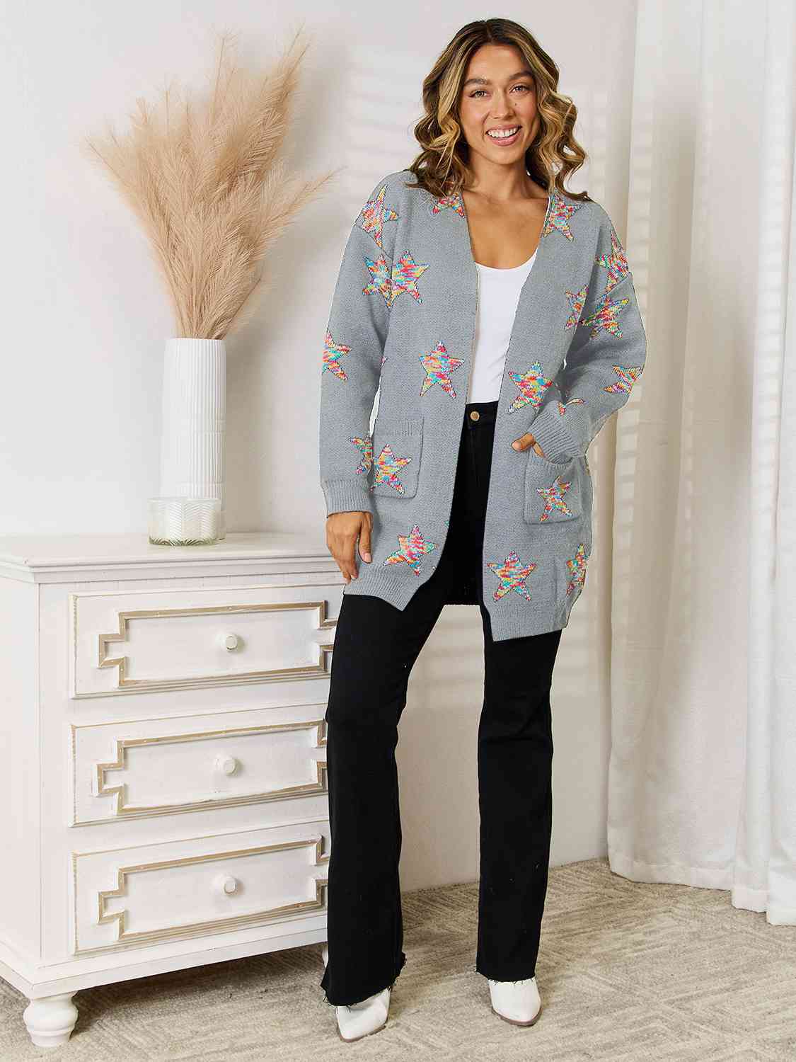 Star Pattern Open Front Cardigan with Pockets Shop One Place