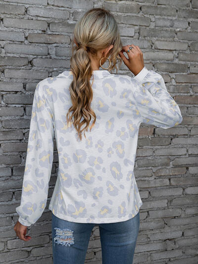 Leopard V-Neck Decorative Button Long Sleeve Blouse Shop One Place