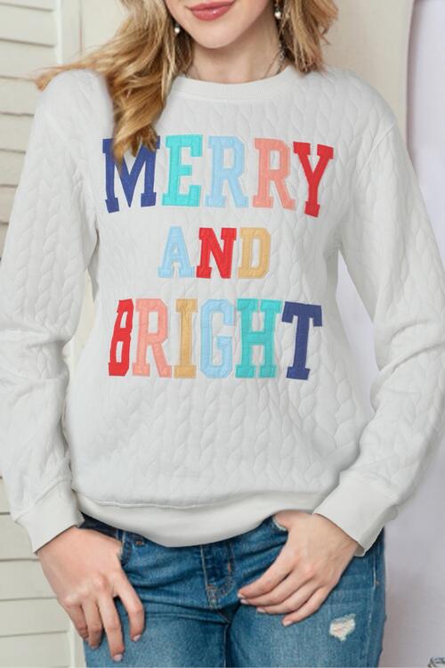 MERRY AND BRIGHT Cable Knit Pullover Sweatshirt Shop One Place