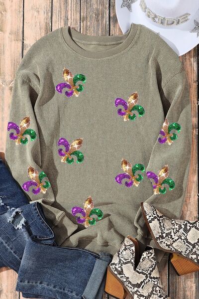 Sequin Round Neck Dropped Shoulder Sweatshirt Shop One Place