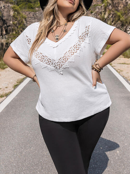 Plus Size Lace Detail V-Neck Short Sleeve Blouse Shop One Place