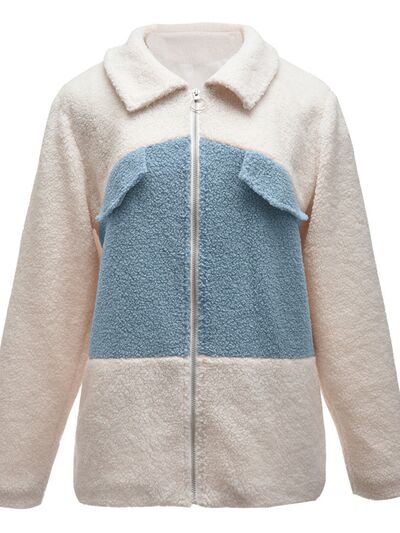 Plush Contrast Zip Up Coat Shop One Place