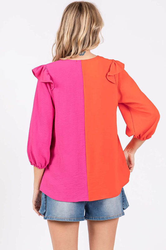 GeeGee Full Size Ruffle Trim Contrast Blouse Shop One Place