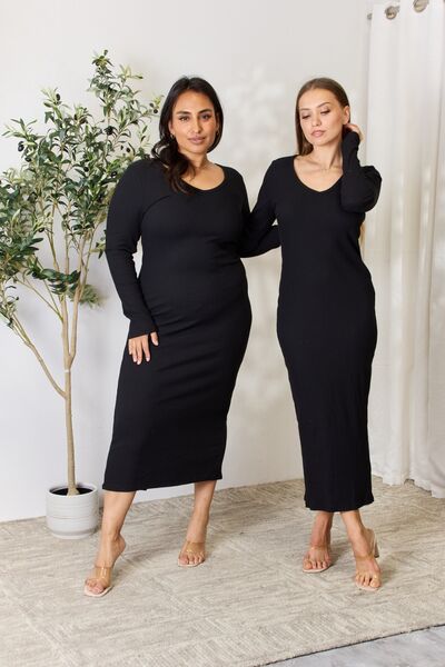 Culture Code Full Size Ribbed Long Sleeve Midi Slit Dress Shop One Place