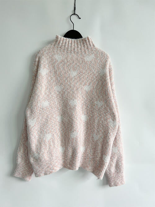 Heart Heathered Turtleneck Drop Shoulder Sweater Shop One Place
