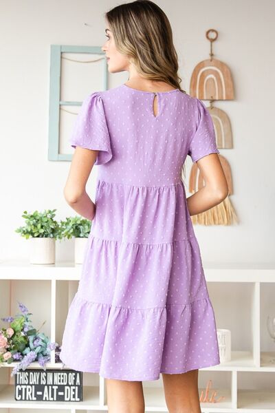 Heimish Full Size Swiss Dot Short Sleeve Tiered Dress Shop One Place