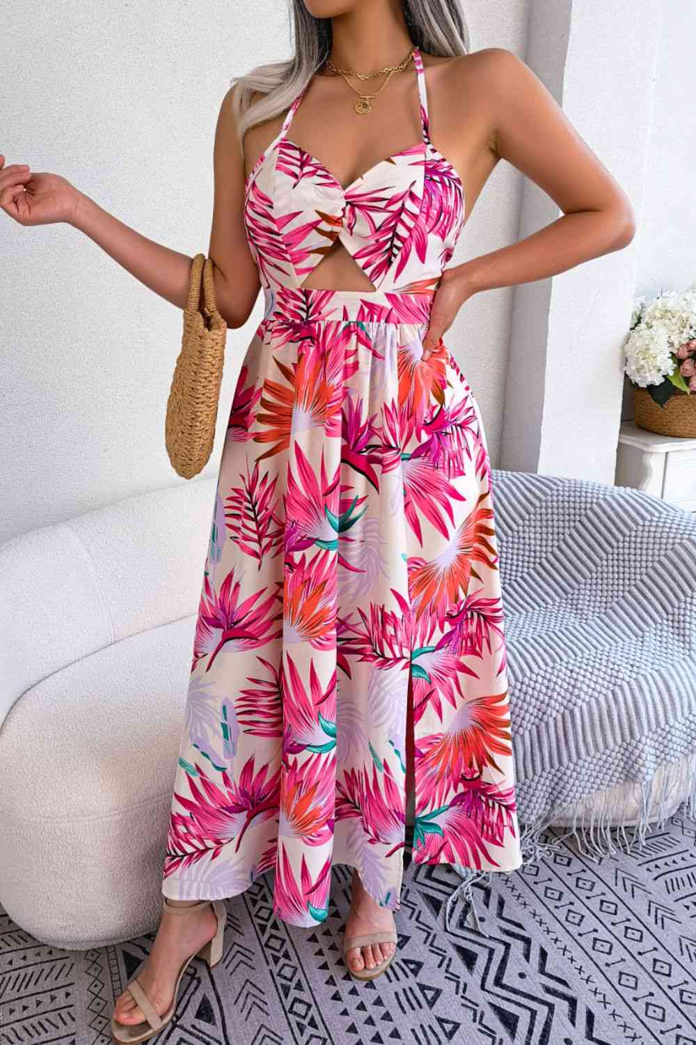 Botanical Print Tied Backless Cutout Slit Dress Shop One Place