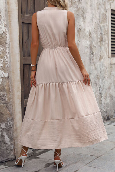Decorative Button Notched Tiered Dress Shop One Place
