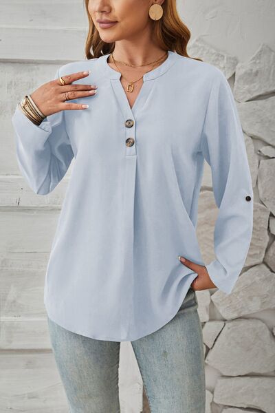 Decorative Button Notched Long Sleeve Blouse Shop One Place