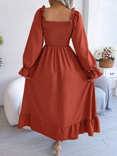 Smocked Square Neck Flounce Sleeve Dress Shop One Place