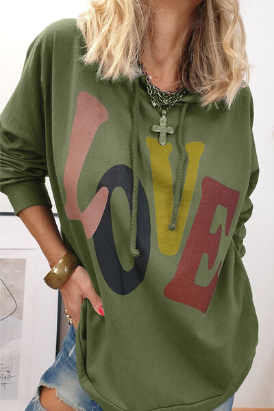 LOVE Drawstring Dropped Shoulder Hoodie Shop One Place