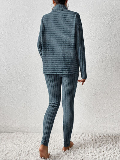 Ribbed Turtleneck Top and Pants Set Shop One Place