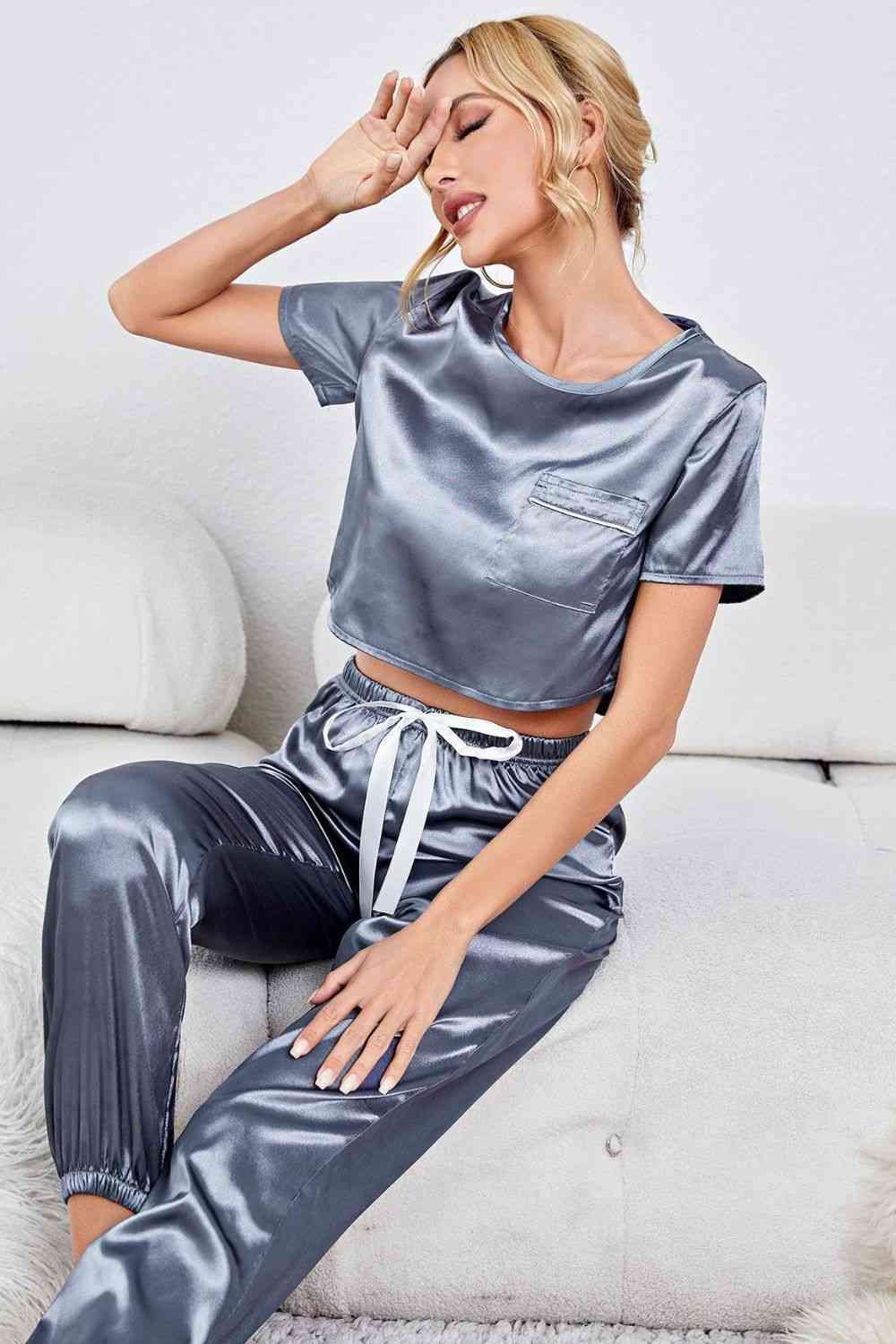 Satin Short Sleeve Crop Top and Joggers Lounge Set Shop One Place