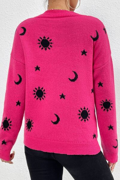 Graphic Mock Neck Dropped Shoulder Sweater Shop One Place