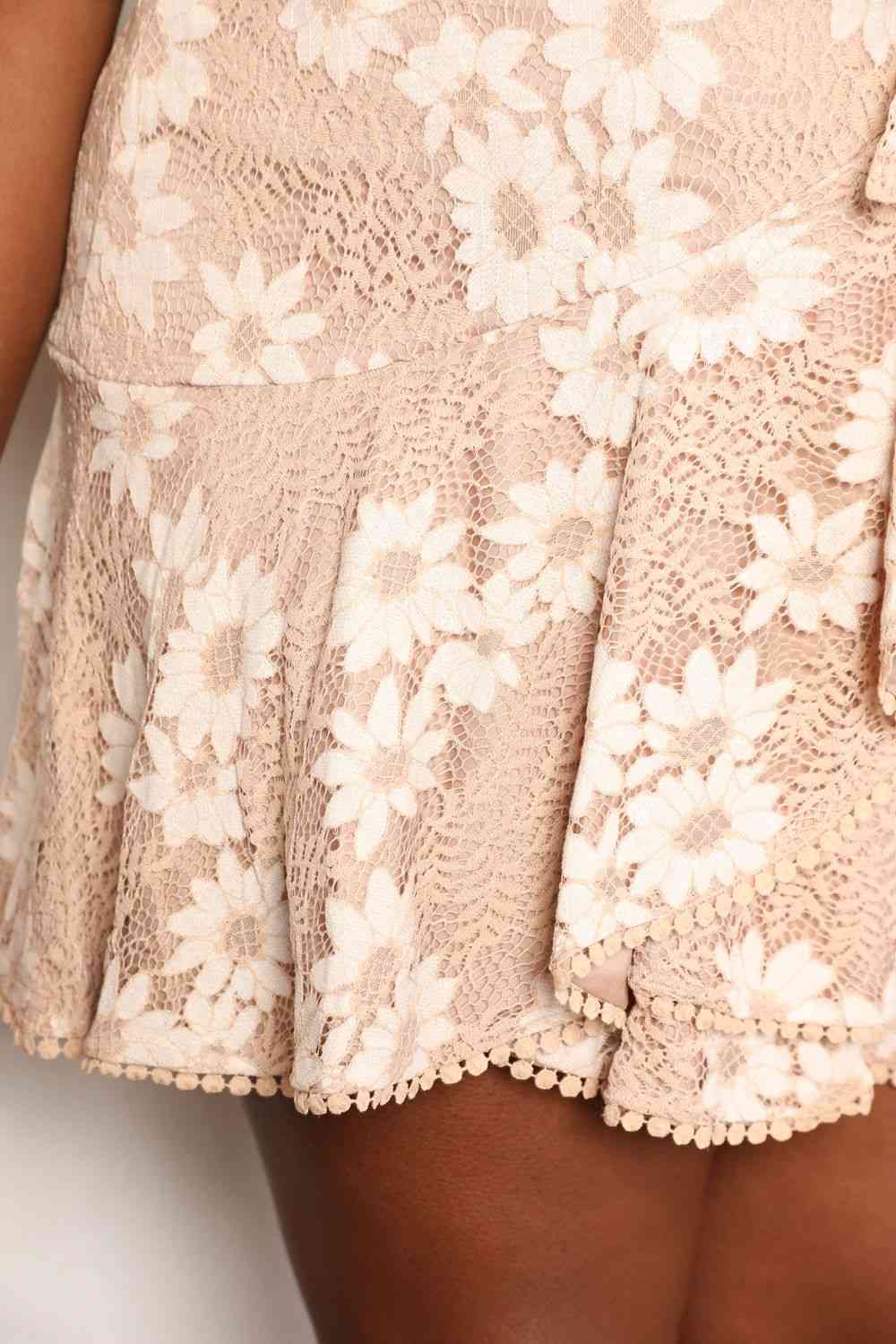 Double Take Floral Lace Pompom Detail Tie-Waist Flutter Sleeve Dress Shop One Place