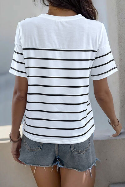 Decorative Button Striped Short Sleeve T-Shirt Shop One Place