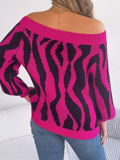 Off-Shoulder Animal Print Long Sleeve Sweater Shop One Place