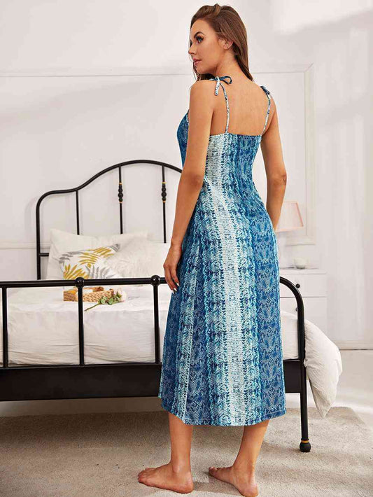 Printed Tie Shoulder Midi Night Dress Shop One Place