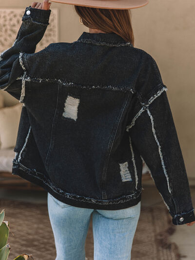 Button Up Raw Hem Distressed Denim Jacket Shop One Place
