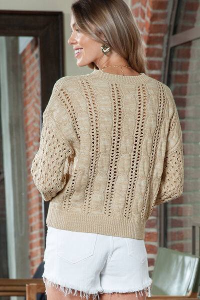 Full Size Openwork Cable-Knit Round Neck Knit Top Shop One Place