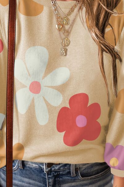 Flower Round Neck Long Sleeve Blouse Shop One Place