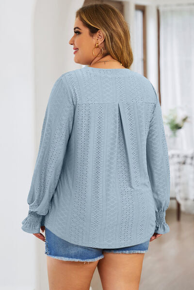 Plus Size Eyelet Notched Flounce Sleeve Blouse Shop One Place