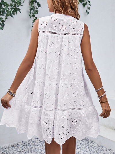 Eyelet Tie Neck Sleeveless Mini Dress Shop One Place