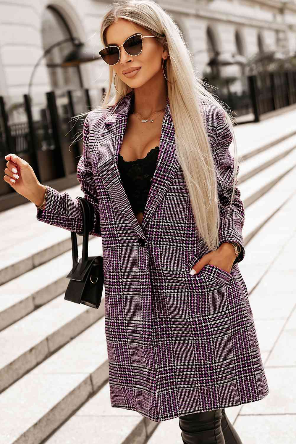 Plaid Lapel Collar Longline Blazer Shop One Place