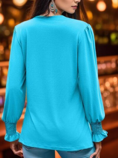 Notched Smocked Flounce Sleeve Blouse Shop One Place