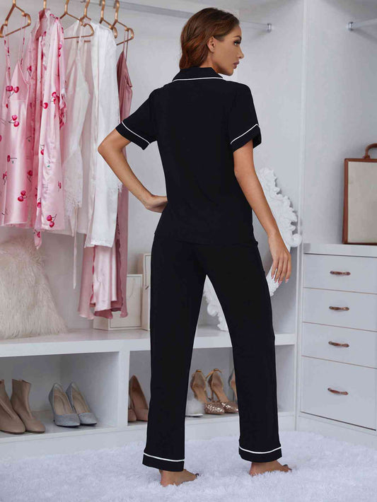 Contrast Piping Lapel Collar Short Sleeve Top and Pants Pajama Set Shop One Place