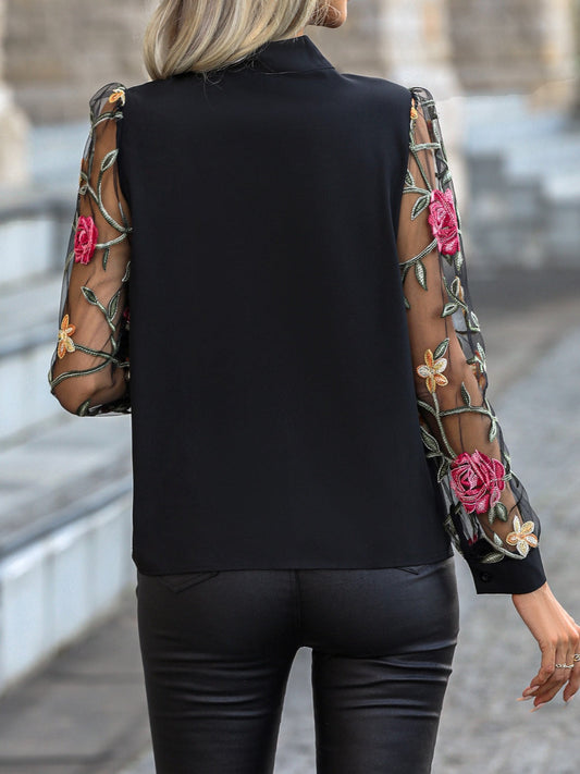 Printed Tie Neck Long Sleeve Blouse Shop One Place