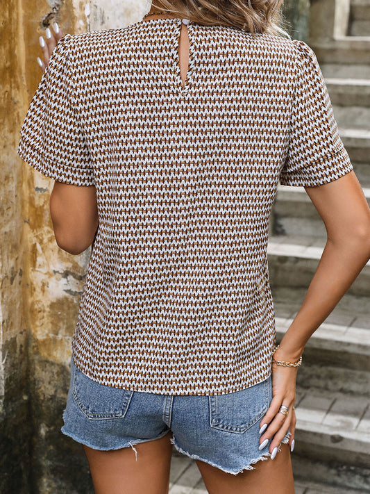 Printed Round Neck Short Sleeve Blouse Shop One Place