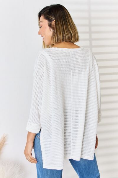 Zenana Full Size Waffle Knit V-Neck Long Sleeve Slit Top Shop One Place