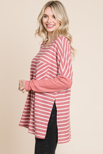 Culture Code Oversize Striped Round Neck Long Sleeve Slit T-Shirt Shop One Place