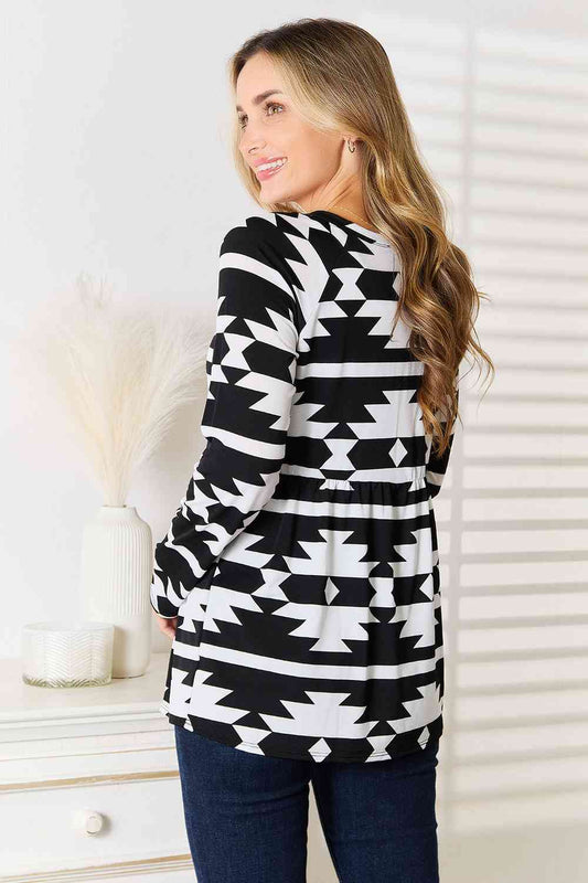Heimish Full Size Geometric Notched Neck Long Sleeve Top Shop One Place