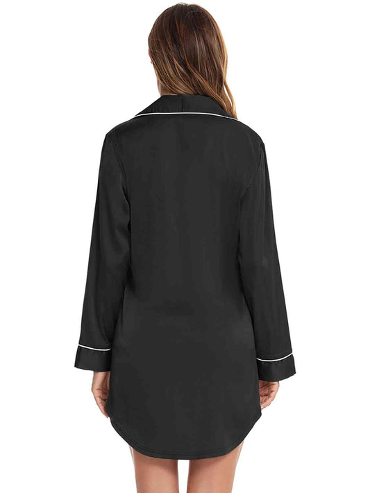 Button Up Lapel Collar Night Dress with Pocket Shop One Place