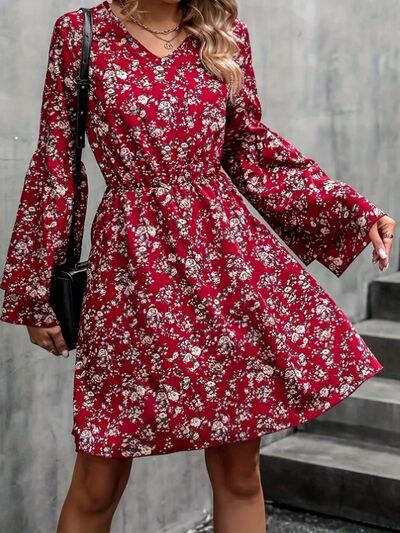 Printed V-Neck Long Sleeve Mini Dress Shop One Place