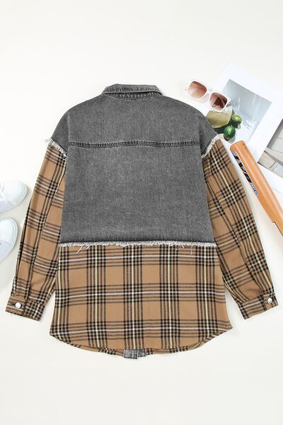 Plaid Raw Hem Button Up Denim Jacket Shop One Place