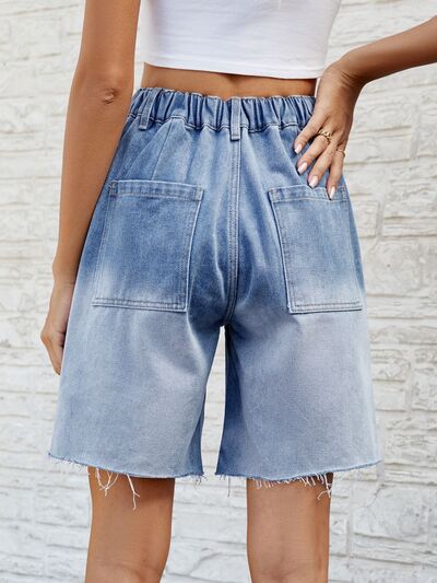 Buttoned Raw Hem Denim Shorts with Pockets Shop One Place