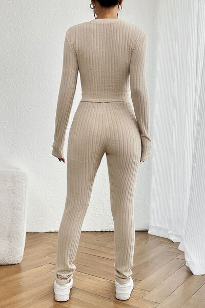 Ribbed V-Neck Long Sleeve Cropped Top and Pants Set Shop One Place