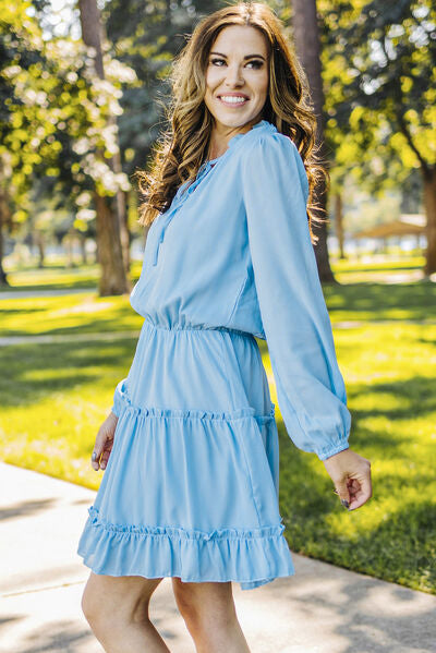 Frill Tie Neck Balloon Sleeve Dress Shop One Place